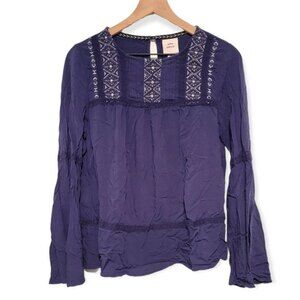 Knox Rose Navy Embroidered Boho Bell Sleeve Top Size Medium